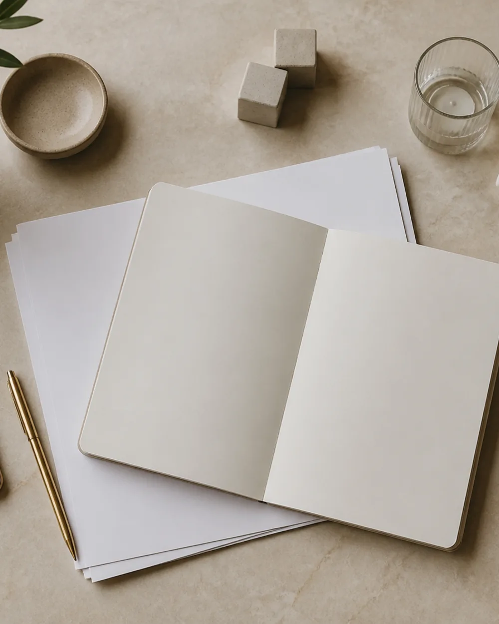 Papelería editorial referencial para reservas y consentimiento, dispuesta sobre una mesa clara.