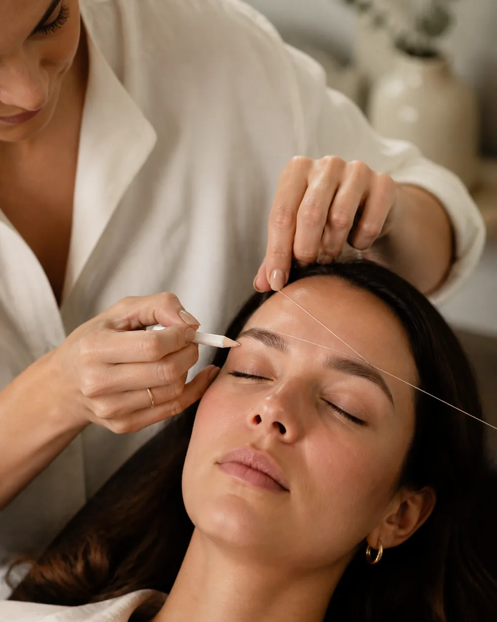 Escena editorial referencial de diseño y mapeo de cejas en una mujer adulta.